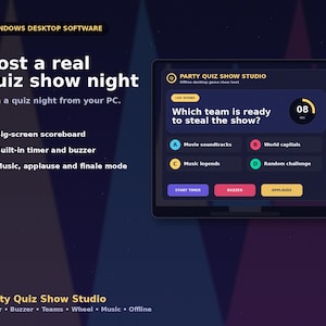Può includere: Software desktop Windows intitolato Party Quiz Show Studio per ospitare serate a quiz. L'interfaccia mostra una domanda in tempo reale, un timer impostato su 08 secondi e opzioni a scelta multipla. Include un tabellone segnapunti, buzzer e musica.