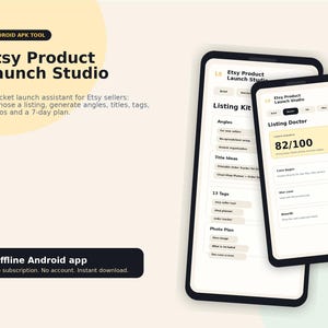 Può includere: Due smartphone che mostrano l'interfaccia dell'app Android Etsy Product Launch Studio. Gli schermi visualizzano una dashboard Listing Doctor con un punteggio di 82/100, funzioni del kit di inserzione, idee per titoli, 13 tag e un piano fotografico.