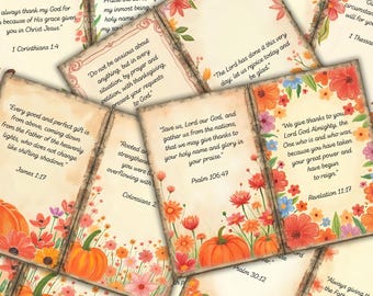May include: A collection of decorative cards with floral and pumpkin illustrations. Each card features a different Bible verse in a vintage style, with a cream-colored background and colorful flower borders.