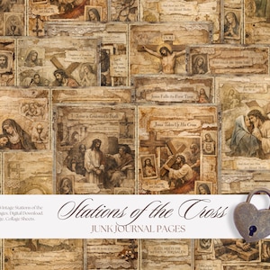 以下が含まれることがあります： セピア色の宗教的な画像とテキストが特徴のヴィンテージコラージュシート。十字架の道行きを表しています。画像は古びた、使い古された外観です。「Stations of the Cross」のテキストが表示されています。