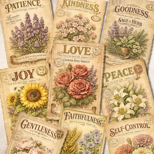 Puede incluir: Una colección de diseños de sobres de semillas de estilo vintage. Cada sobre presenta una ilustración diferente de flores o plantas, como lavanda, rosas y girasoles, con palabras como "Paciencia", "Bondad" y "Alegría". Los sobres tienen un aspecto envejecido.