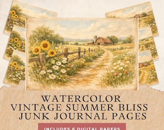 Watercolor Vintage Summer Junk Journal Pages Printable, 6 Rustic Farmhouse Sunflower Digital Papers