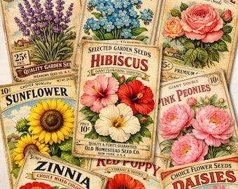 Vintage Flower Seed Packet Collage Sheets Printable | Cottagecore Junk Journal Ephemera Digital Download