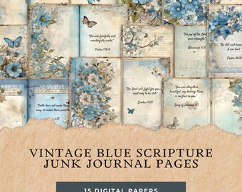 Vintage Blue Floral Scripture Journal Pages: Faith-Based Ephemera (Digital Download)
