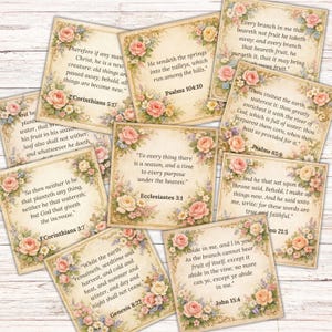 May include: A collection of vintage-style square cards with floral borders and Bible verses. The cards feature soft pastel colors, including pink and cream roses, and are arranged on a light wood background.