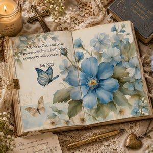 Könnte beinhalten: Ein aufgeschlagenes Buch mit blauen Blumenillustrationen und Schmetterlingen sowie dem Text "Submit to God and be at peace with Him; in this way prosperity will come to you. Job 22:21" auf der linken Seite, umgeben von Spitze und Blumen.
