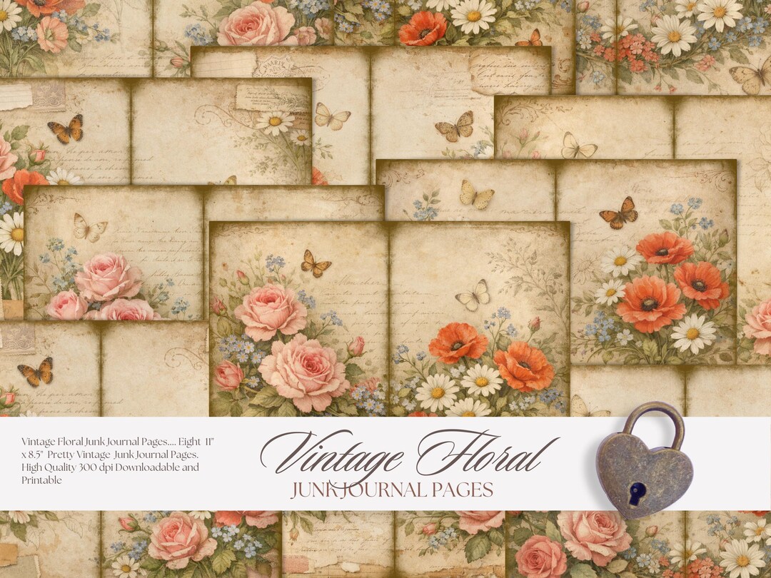 Vintage Floral Junk Journal Pages, Printable Antique Rose Poppy ...