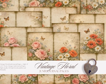 Vintage Floral Junk Journal Pages, Printable Antique Rose Poppy Scrapbook Paper (Digital Download)