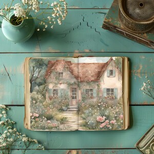 May include: An open book displays a watercolor painting of a cottage with a red tile roof, surrounded by flowers and greenery. The book is on a teal wooden surface, with a vase of white flowers and other vintage items.