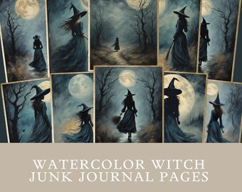 Watercolor Gothic Witch Junk Journal Papers Printable Halloween Scrapbooking Ephemera Paper Crafts Instant Download