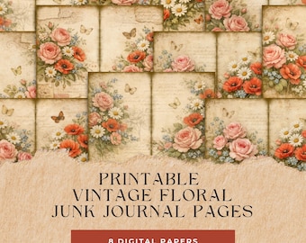 Vintage Floral Junk Journal Pages, Antique Rose Poppy Scrapbook Paper (Digital Download)