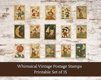 Whimsical Vintage Postage Stamps Printable: Ephemera Set for Junk Journals Digital Download (PDF)