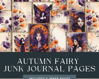 May include: A collection of rectangular junk journal pages featuring illustrations of fairies with purple hair and orange butterfly wings, surrounded by orange and purple flowers. The text AUTUMN FAIRY JUNK JOURNAL PAGES INCLUDES 6 INNER PAGES is visible.