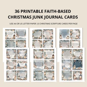 May include: 36 printable Christmas junk journal cards featuring wintery scenes with lanterns and scripture verses. Use A4 or US letter paper to print 6 cards per page.