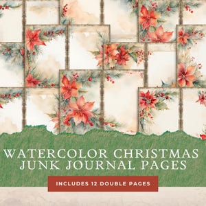 Páginas de diário em branco de aquarela para o Natal, 12 papéis digitais, páginas para impressão de feriados, papel para diário, itens efêmeros para scrapbooking digitais