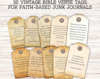 Printable Vintage Bible Verse Tags Set of 32: Christian Junk Journal Ephemera (Digital Download)