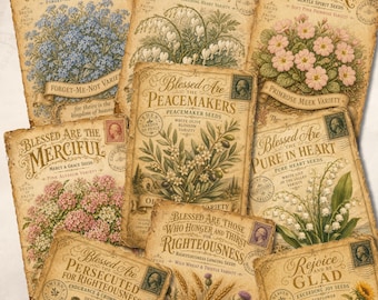 Beatitudes Seed Packet Printable, Vintage Faith Junk Journal Ephemera, Christian Botanical Art, Bible Verse Digital Download