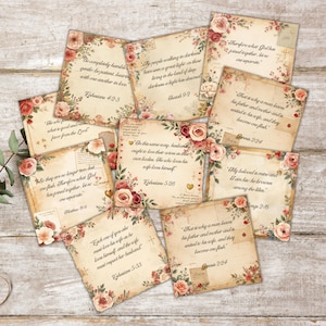 May include: A collection of vintage-style cards with floral borders and scriptural quotes. The cards feature a distressed paper effect, adorned with roses and greenery. The quotes are in black text, and the overall aesthetic is romantic and nostalgic.