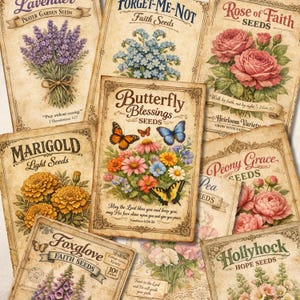 May include: A collection of vintage-style seed packets featuring various flowers and inspirational quotes. The packets showcase illustrations of lavender, forget-me-nots, roses, marigolds, and butterflies. The color palette includes soft pastels and earthy tones.