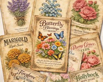 Faith Garden Seed Packets Printable – Vintage Floral Ephemera Pages (Digital Download)