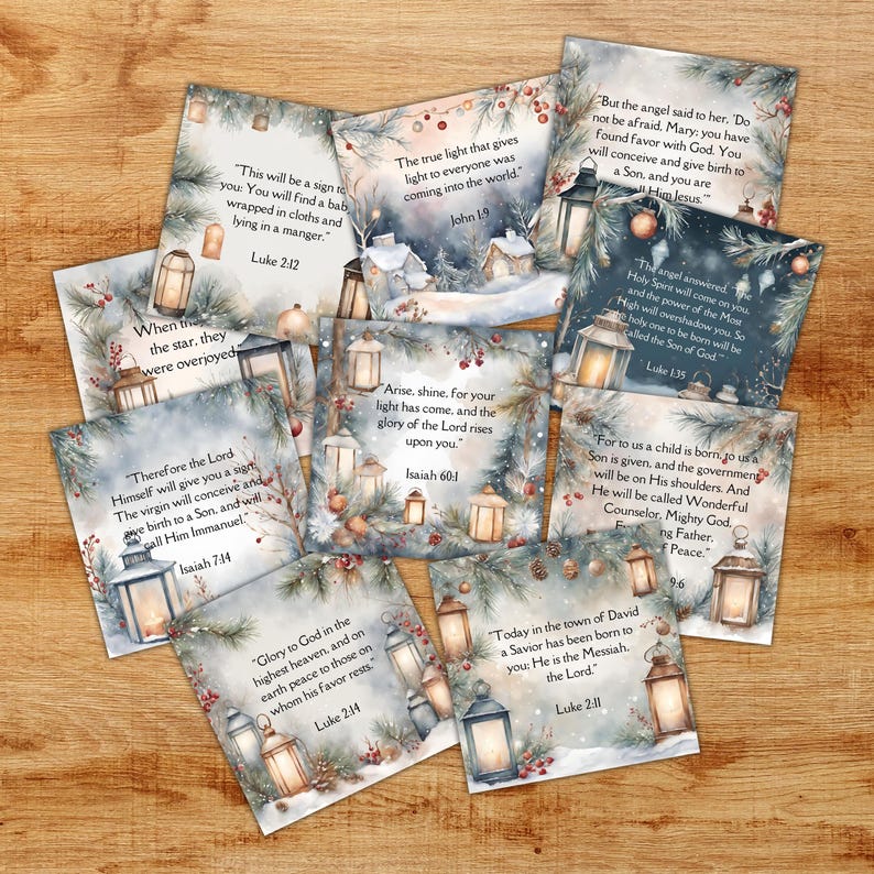 May include: A set of 10 Christmas cards featuring winter scenes with lanterns and scripture verses. The cards are printed on high-quality paper and feature a matte finish. The verses are from the Bible and include passages about the birth of Jesus, the star of Bethlehem, and the coming of the Lord.