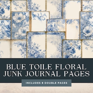 Französisches Blau Toile de Jouy Floral Junk Journal Seiten, 8 Floral Digital Papier, Shabby Chic Scrapbook Ephemera Papierhandwerk Digitale Downloads