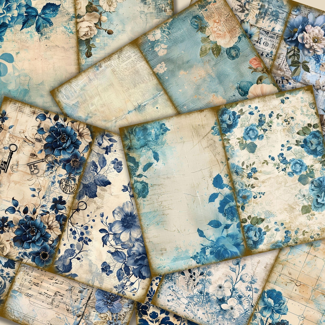 Printable Vintage Blue Floral Junk Journal Pages: Scrapbook Ephemera ...