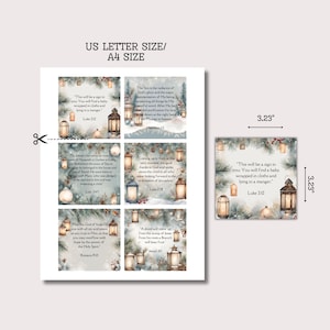 May include: A set of six printable Christmas cards featuring wintery scenes with lanterns and scripture verses. The cards are 3.23 inches by 3.23 inches and are perfect for adding a touch of faith to your holiday decor.
