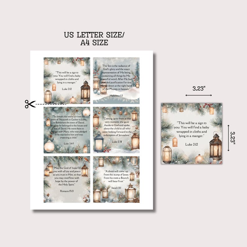 May include: A set of six printable Christmas cards featuring wintery scenes with lanterns and scripture verses. The cards are 3.23 inches by 3.23 inches and are perfect for adding a touch of faith to your holiday decor.