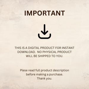 Op de afbeelding: An image announcing a digital product, with the word "IMPORTANT" in bold black letters. A black download icon is displayed, along with text indicating it's a digital download, with no physical product.
