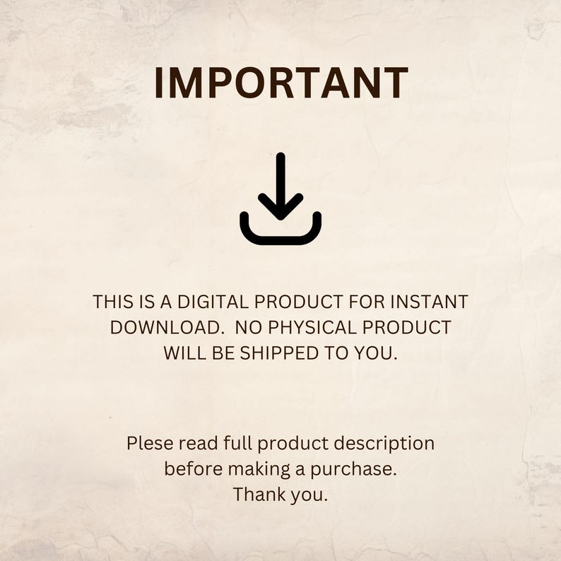 Op de afbeelding: An image announcing a digital product, with the word "IMPORTANT" in bold black letters. A black download icon is displayed, along with text indicating it's a digital download, with no physical product.