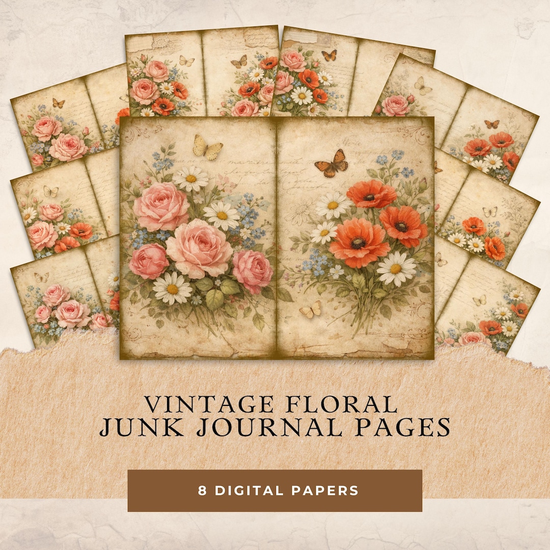 Vintage Floral Junk Journal Pages, Antique Rose Poppy Scrapbook Paper ...