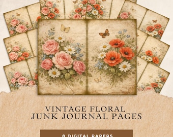 Vintage Floral Junk Journal Pages, Antique Rose Poppy Scrapbook Paper (Digital Download)