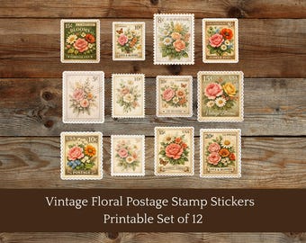 Printable Set of 12 Vintage Floral Postage Stamp Ephemera, Antique Flower Stamp Stickers, Junk Journal Scrapbooking Supplies