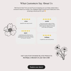 Op de afbeelding: Een webpagina met klantbeoordelingen met sterrenbeoordelingen en getuigenissen. De pagina bevat bloemenillustraties en de tekst "What Customers Say About Us". Het moedigt klanten aan om beoordelingen achter te laten en de winkel te bezoeken.