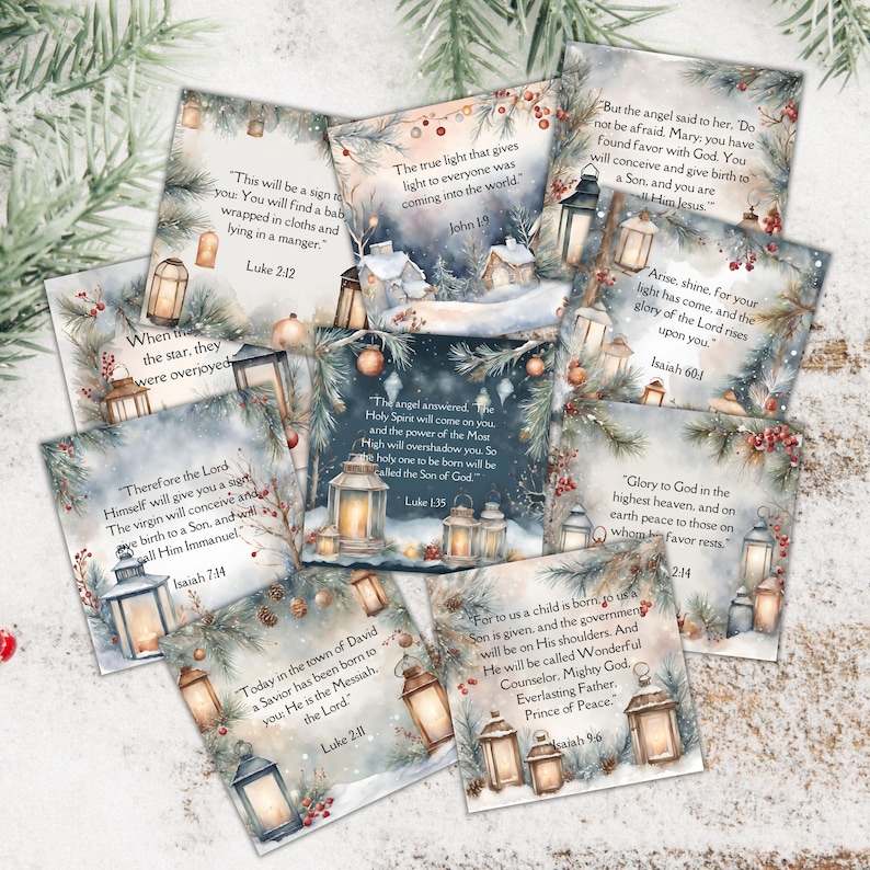 May include: A set of 10 Christmas cards featuring winter scenes with lanterns and inspirational quotes from the Bible. The cards are printed on high-quality cardstock and feature a matte finish. Each card includes a verse from the Bible, such as "This will be a sign to you: You will find a baby wrapped in cloths and lying in a manger." (Luke 2:12) and "For to us a child is born, to us a Son is given, and the government will be on His shoulders." (Isaiah 9:6).