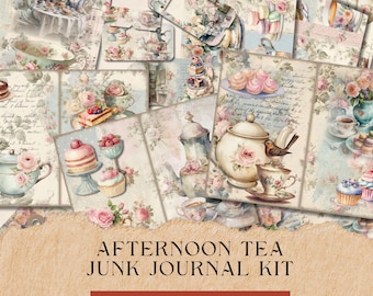 May include: A digital junk journal kit with a vintage aesthetic featuring images of teacups, teapots, cakes, and flowers. The kit includes 100 items and is titled "Afternoon Tea Junk Journal Kit".