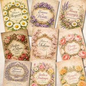 Può includere: Una collezione di etichette di profumi vintage con disegni floreali. Ogni etichetta presenta un fiore diverso, come margherite, rose e peonie, con una scrittura elegante e cornici decorative.