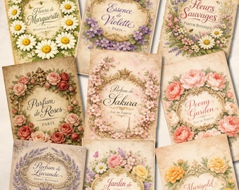 Vintage French Perfume Labels Junk Journal Ephemera | 12 Botanical Shabby Chic Printable Cards | Antique Floral Tags Digital Download