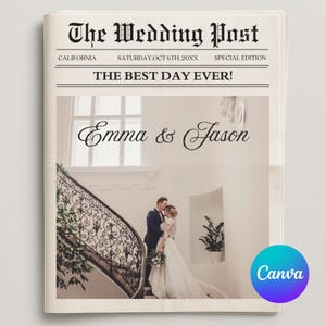 Op de afbeelding: Een huwelijksaankondiging in krantenstijl, getiteld "The Wedding Post", met de kop "THE BEST DAY EVER!" en de namen "Emma & Jason". De afbeelding toont een stel op een trap. De datum is zaterdag 6 oktober 20XX.