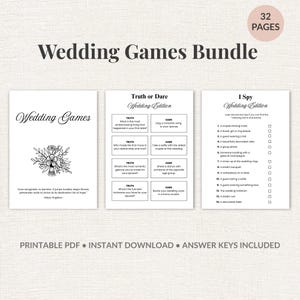 Op de afbeelding: Een bruiloftspakket met drie verschillende spelvellen: "Wedding Games", "Truth or Dare" en "I Spy". Het "Truth or Dare" vel bevat vragen en opdrachten. Het "I Spy" vel bevat een lijst met te vinden items. Het pakket bevat 32 pagina's.
