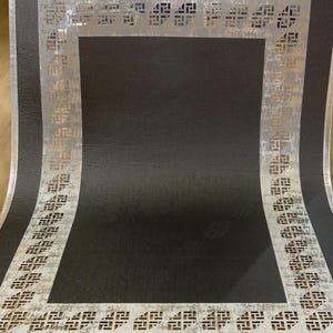 Black Faux Leather Rug: Laser Cut Silver Border, Modern Turkish Design (5x7 ft.)