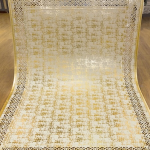 Metallic Rose Gold Geometric Rug: 5x7ft Laser Cut Faux Leather Carpet