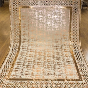 Metallic Rose Gold Geometric Rug: 5x7ft Laser Cut Faux Leather Carpet