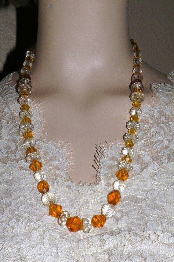 Antique Golden Yellow and Crystal glass Bead Neckl