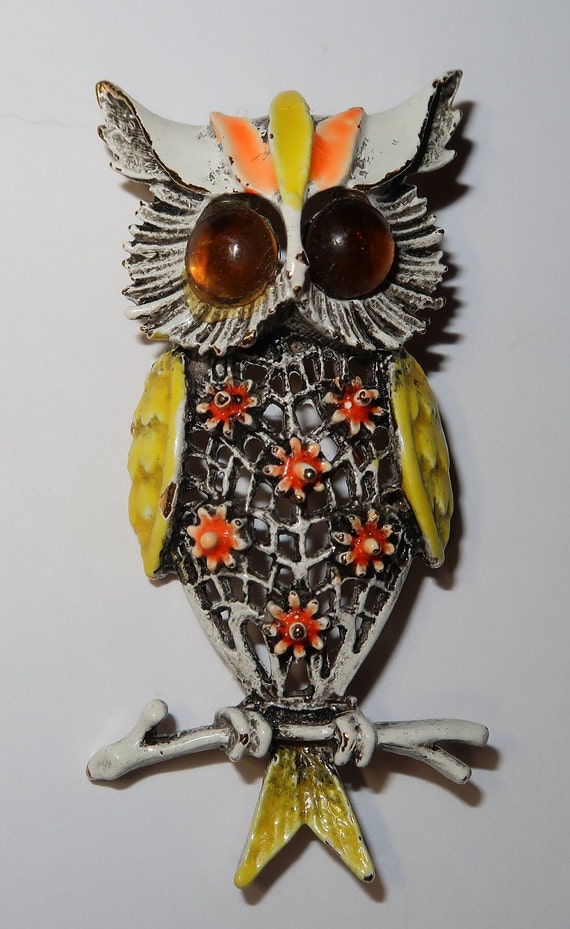 Vtg OWL Brooch, Arthur Pepper ART Signed Yellow, W