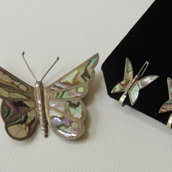 Vintage TAXCO Signed NA Abalone Butterfly Brooch and Earrings