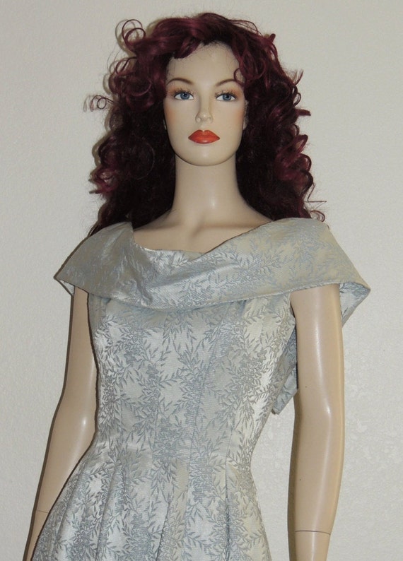 GIGI YOUNG Ice Blue Brocade Draped Collar Party Dr