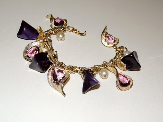 1950s Purple Stone Charm Bracelet Costume Jewelry - image 4