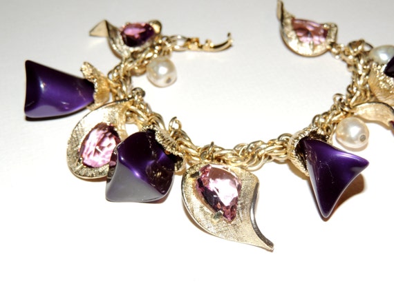 1950s Purple Stone Charm Bracelet Costume Jewelry - image 2